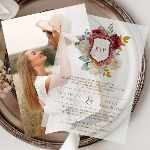 Burgundy Red Floral Crest Monogram Wedding Vellum Invitations