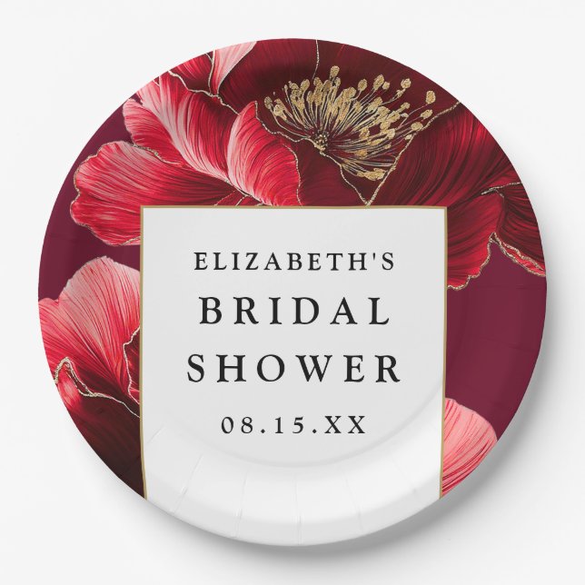 Burgundy Red Floral Elegant Modern Bridal Shower Paper Plate (Front)