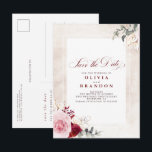 Burgundy Red Floral Elegant Save The Date Announcement Postcard<br><div class="desc">Burgundy red botanical watercolor flowers save the date postcards</div>