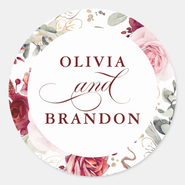 Burgundy Red Floral Elegant Wedding Classic Round Sticker (Front)