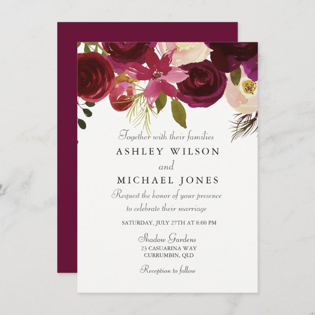 Burgundy Red Floral Elegant Wedding Invitation (Front/Back)
