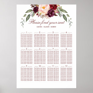 Burgundy Red Floral Elegant Wedding Seating Chart