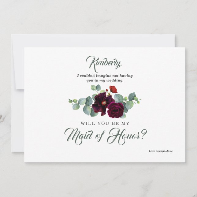 Burgundy Red Floral Eucalyptus Bridesmaid Proposal Invitation (Front)