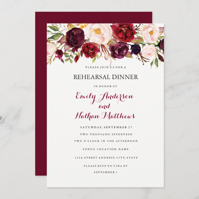 Burgundy Red Floral Fall Rehearsal Dinner Card (Front/Back)