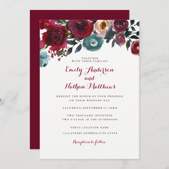 Burgundy Red Floral Fall Wedding Invitation (Front/Back)