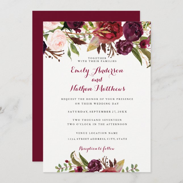 Burgundy Red Floral Fall Wedding Invitation (Front/Back)