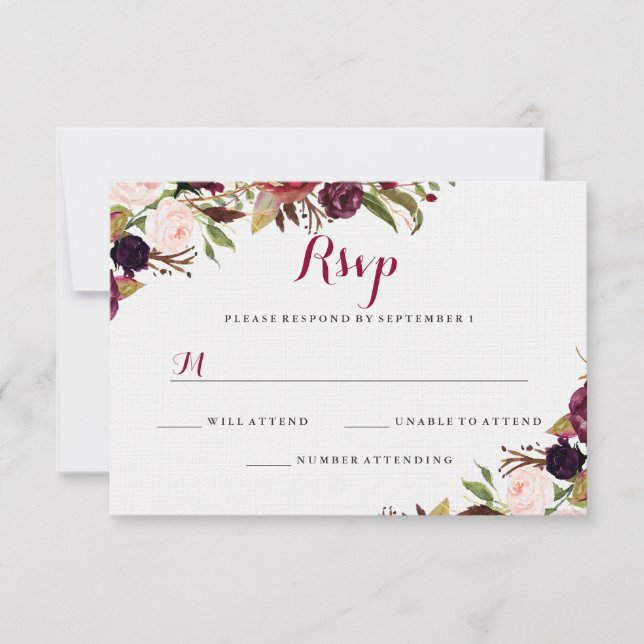 Burgundy Red Floral Fall Wedding RSVP Card (Front)