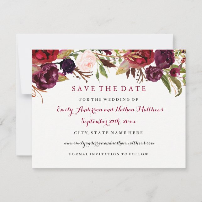 Burgundy Red Floral Fall Wedding Save The Date (Front)