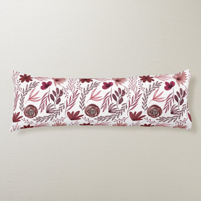 Burgundy Red Floral Foliage Flower Leaves Body Cushion (Front)