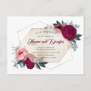 Burgundy Red Floral Geometric Fall Save the Date Announcement Postcard
