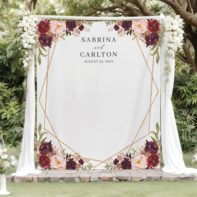Burgundy Red Floral Geometric Wedding Backdrop Tapestry (Creator Uploaded)