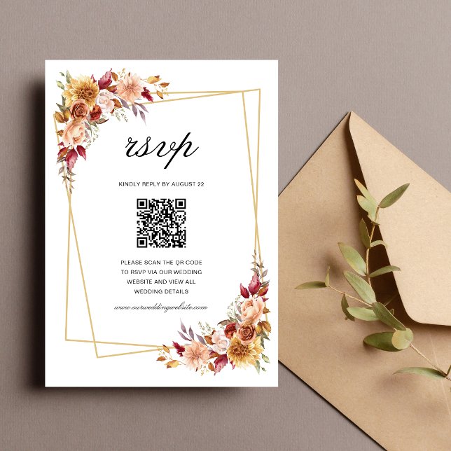 Burgundy Red Floral Geometric Wedding QR Code RSVP Card (Personalized burgundy floral geometric QR code RSVP card makes guest replies effortless.)