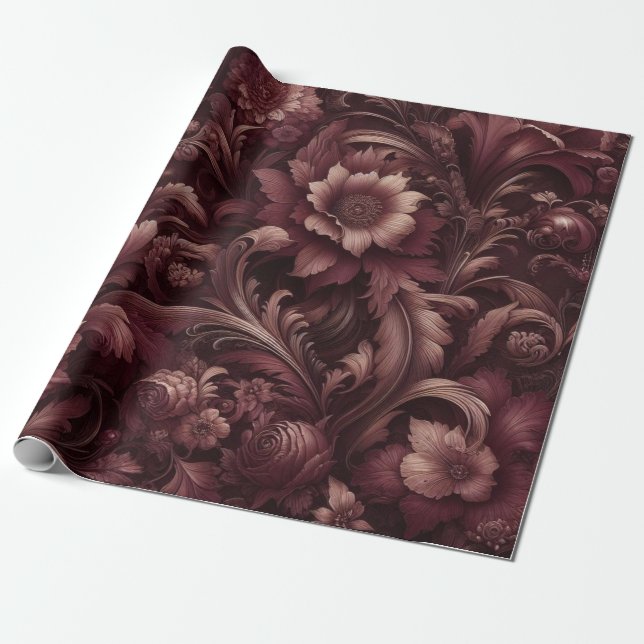 Burgundy Red Floral Gift Wrapping Paper  (Unrolled)