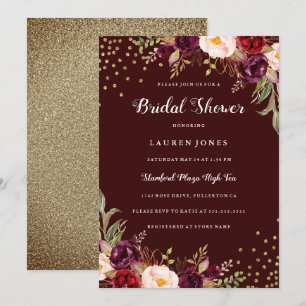 Burgundy Red floral Gold Bridal Shower Invitation