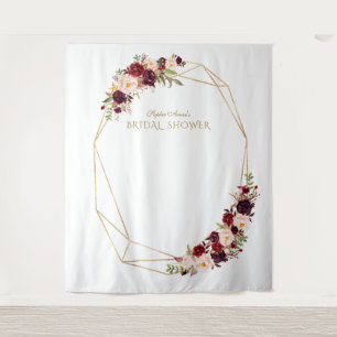Burgundy Red Floral Gold Bridal Shower Photo Booth Tapestry