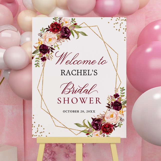 Burgundy Red Floral Gold Frame Bridal Shower Sign (Creator Uploaded)