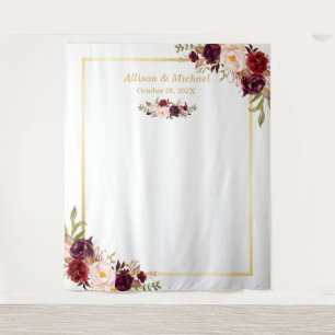 Burgundy Red Floral Gold Frame Wedding Backdrop Tapestry