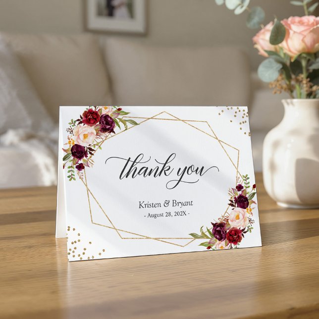 Burgundy Red Floral Gold Geometric Frame Thank You (Creator Uploaded)