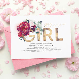 Burgundy Red Floral Gold Glitter Baby Shower Invitation