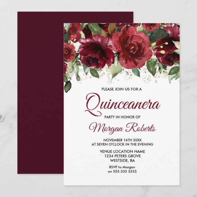 Burgundy Red Floral Gold Glitter Quinceanera Part Invitation (Front/Back)