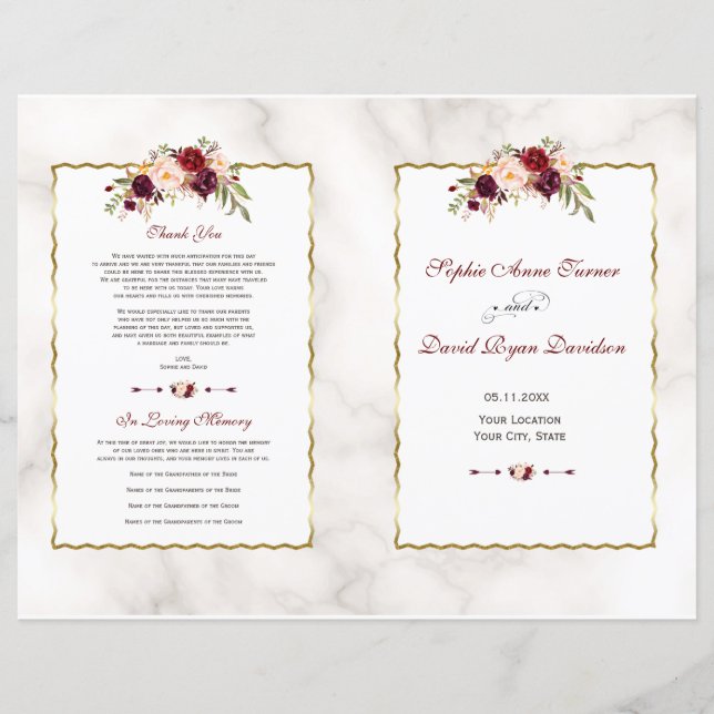 Burgundy Red Floral Gold Marble Wedding Program (Front)