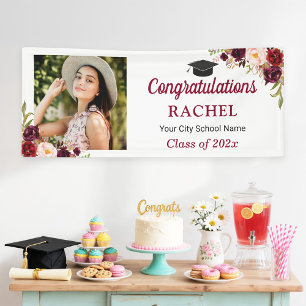 Burgundy Red Floral Grad  Photo Graduation Party Banner