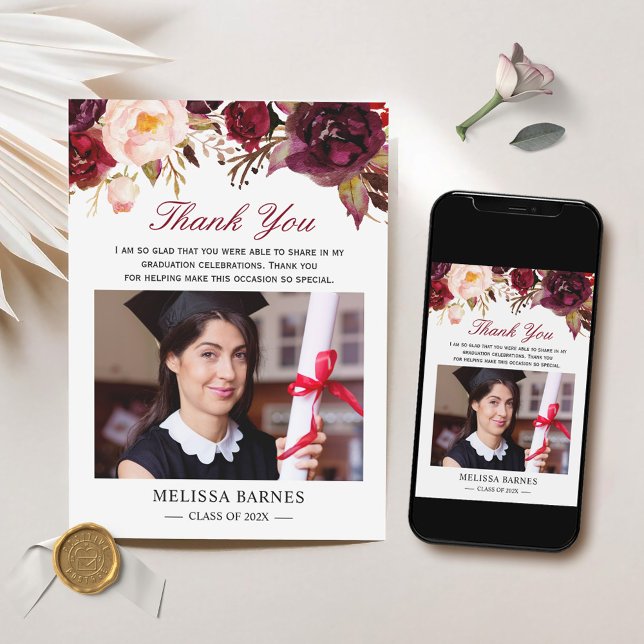 Burgundy Red Floral Graduation Photo Thank You Invitation (Creator Uploaded)