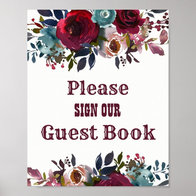 Burgundy Red Floral Guest Book Wedding Sign (Front)