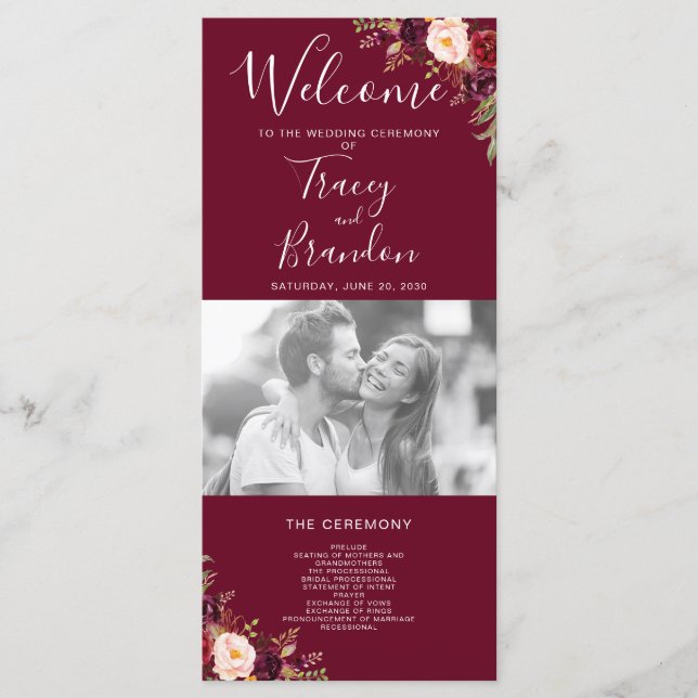 Burgundy Red Floral Hand Lettered Photo Wedding Programme (Front)