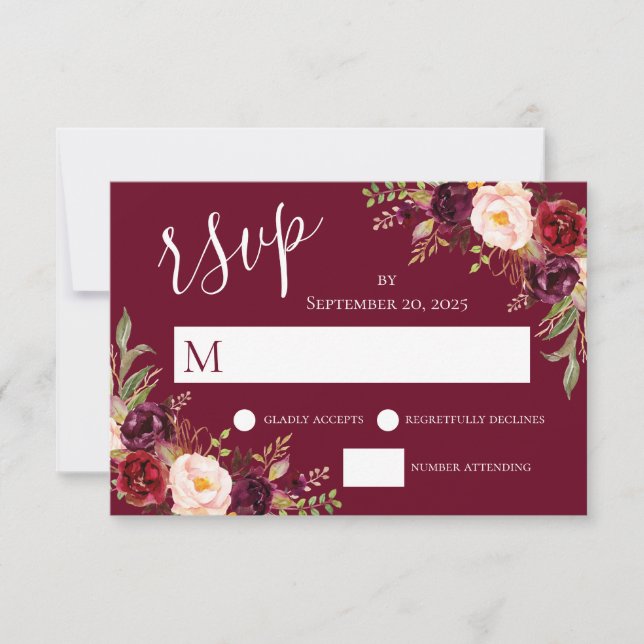 Burgundy Red Floral Hand Lettered Wedding RSVP Invitation (Front)