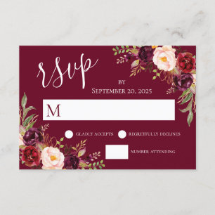 Burgundy Red Floral Hand Lettered Wedding RSVP Invitation