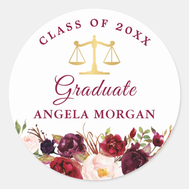 Burgundy Red Floral Law School Graduate Graduation Classic Round Sticker (Front)