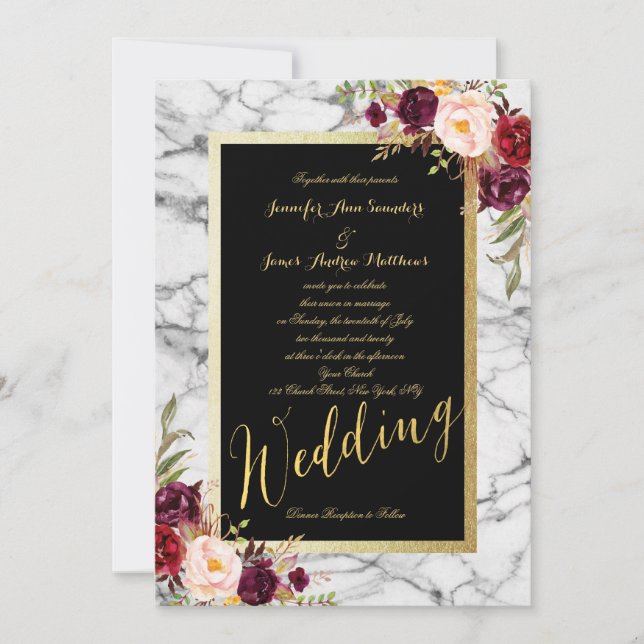 Burgundy Red Floral Marble Gold Script Wedding Invitation (Front)