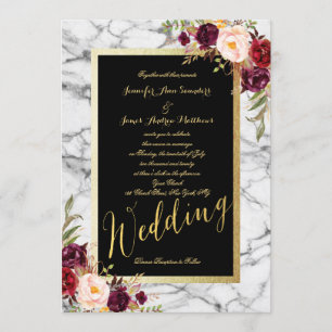 Burgundy Red Floral Marble Gold Script Wedding Invitation