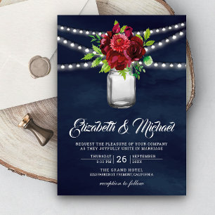 Burgundy Red Floral Mason Jar Navy Blue Wedding Invitation