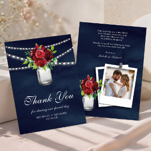Burgundy Red Floral Mason Jar Navy Blue Wedding Thank You Card
