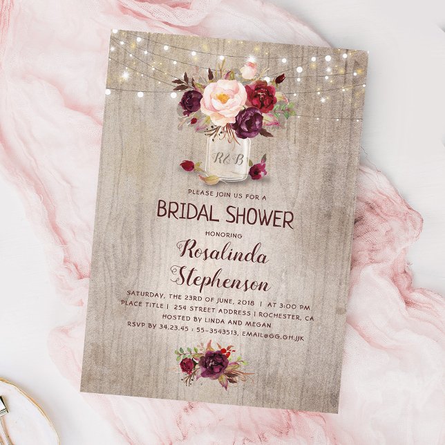 Burgundy Red Floral Mason Jar Rustic Bridal Shower Invitation (Creator Uploaded)