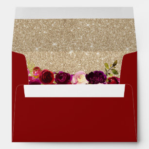 Burgundy Red Floral Modern Gold Glitter Wedding Envelope