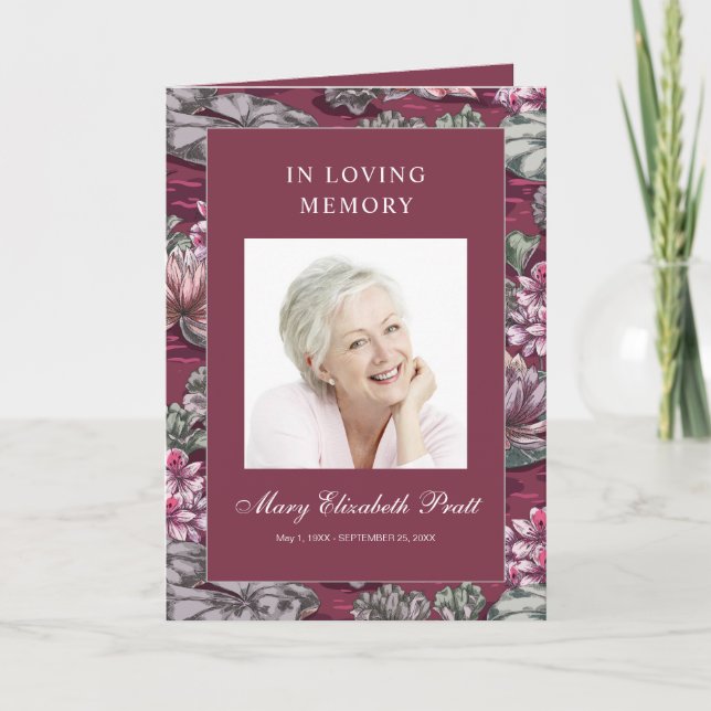 Burgundy Red Floral Multi-Photo Funeral Programme (Front)