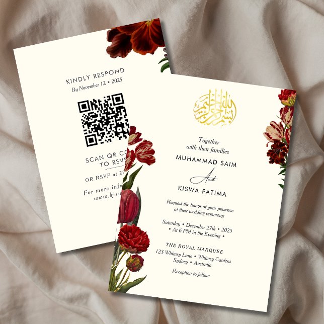 Burgundy Red floral Muslim Islamic Nikah  Invitation (Creator Uploaded)