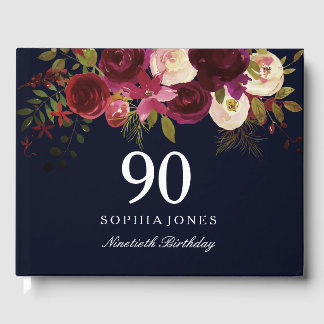 Burgundy Red Floral Navy 90th Birthday Guest Book