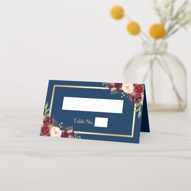Burgundy Red Floral Navy Blue Gold Frame Wedding Place Card (Front)