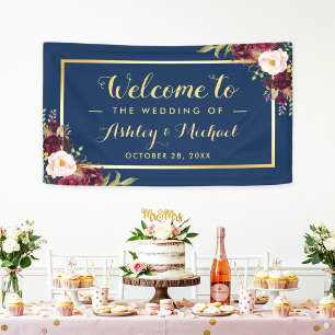 Burgundy Red Floral Navy Blue Gold Wedding Party Banner