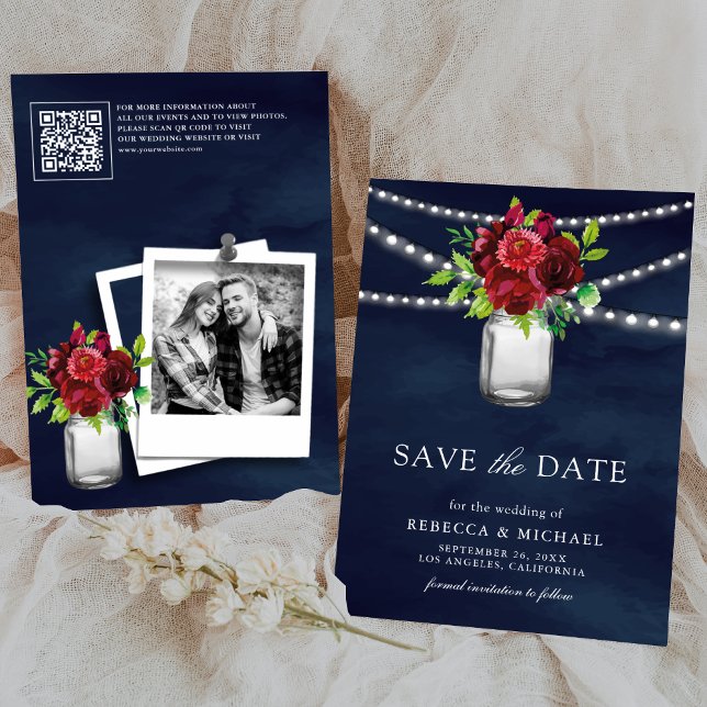 Burgundy Red Floral Navy QR Code Wedding Photo Save The Date (Creator Uploaded)