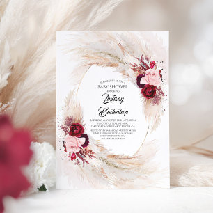 Burgundy Red Floral Pampas Grass Baby Shower Invitation