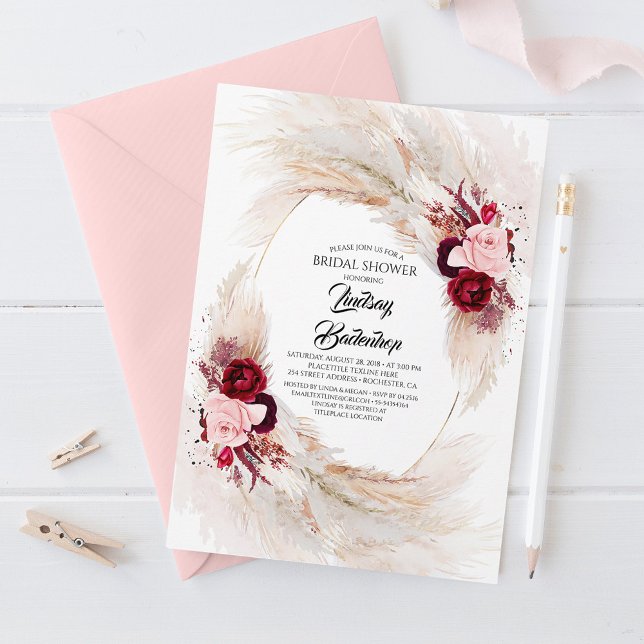 Burgundy Red Floral Pampas Grass Bridal Shower Invitation (Creator Uploaded)
