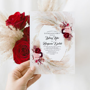 Burgundy Red Floral Pampas Grass Engagement Party Invitation