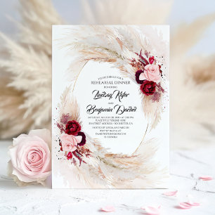 Burgundy Red Floral Pampas Grass Rehearsal Dinner Invitation