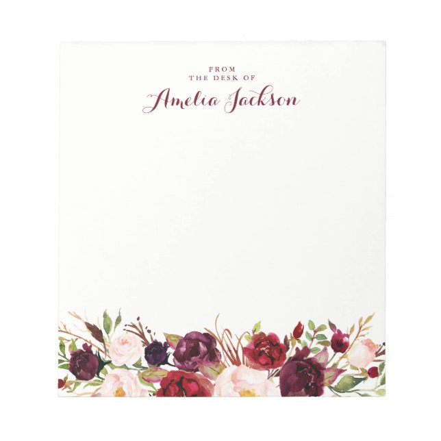 Burgundy Red Floral Personalised Social Stationery Notepad (Front)