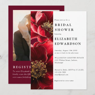 Burgundy Red Floral Photo QR Code Bridal Shower Invitation